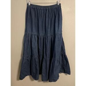 Vintage Access Skirt Womens Large Blue Denim Tiered Peasant Maxi Boho Western